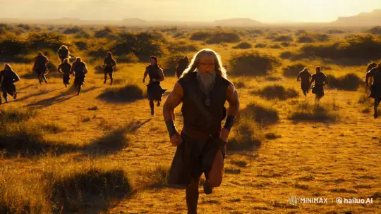 Bearded Runner in Prehistoric Savannah Amidst Epic Fantasy Vibe – AI Generated Video | Hailuo AI