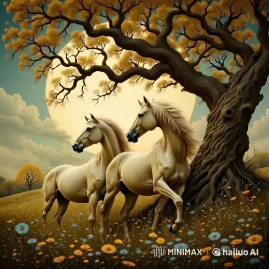Peaceful Stallions Bond Beneath Tree of Life – AI Generated Video | Hailuo AI