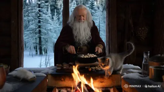 Wizard Prepares Meal in Enchanted Winter Cabin – AI Generated Video | Hailuo AI
