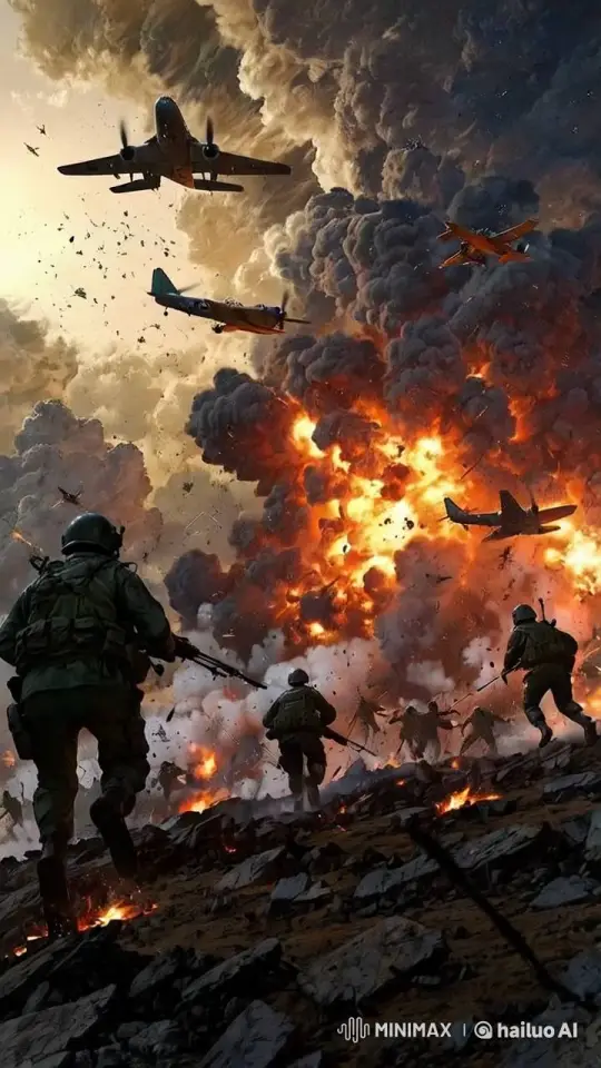 Soldiers Advance Through War-Torn Incline Amid Aerial Combat – AI Generated Video | Hailuo AI