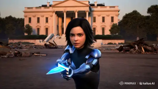 Alita Stands Defiant Amidst Ruined White House – AI Generated Video | Hailuo AI