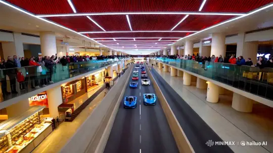 Super Sports Cars Parade in Modern Shopping Mall – AI Generated Video | Hailuo AI