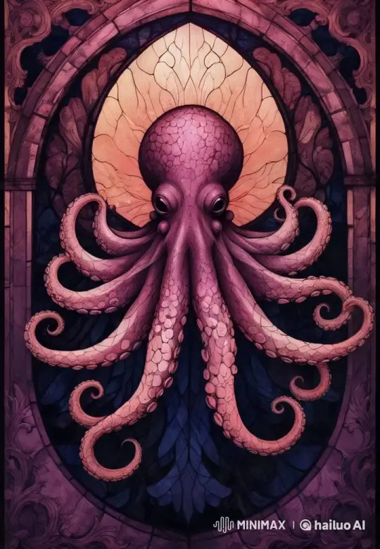 Vibrant Purple Octopus in Stained Glass Window Setting – AI Generated Video | Hailuo AI