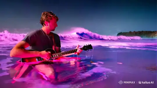 Fantasy Realism: Guitarist Serenading in Neon Waves – AI Generated Video | Hailuo AI