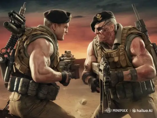 Desert Sunset: Intense Close-Quarter Soldier Combat – AI Generated Video | Hailuo AI