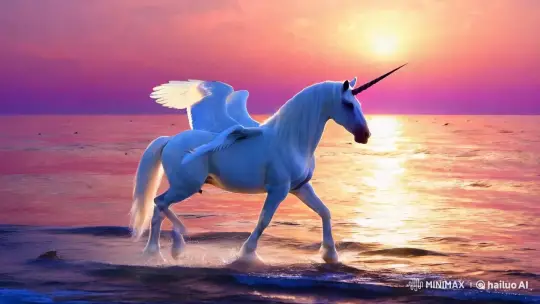 Winged Unicorn Walks at Sunrise on the Sea – AI Generated Video | Hailuo AI