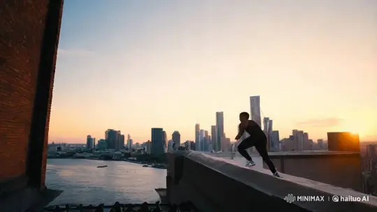 Parkour Athlete's Rooftop Leap Transforms into Water Dance – AI Generated Video | Hailuo AI