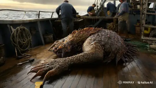 Otherworldly Creature on Fishing Boat Deck – AI Generated Video | Hailuo AI