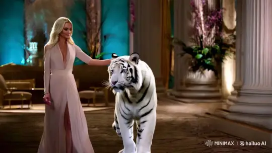 Elegant Woman and Albino Tiger in Luxurious Setting – AI Generated Video | Hailuo AI