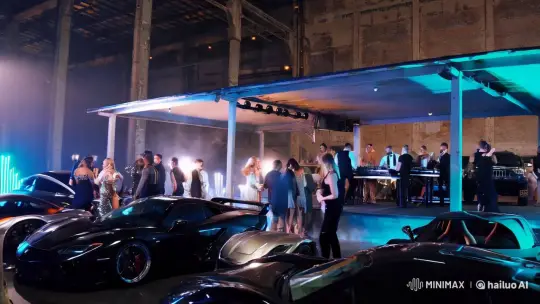 Glamorous Party Showcases Elite Gathering in Car-Laden Warehouse – AI Generated Video | Hailuo AI