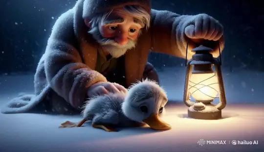 Elderly Figure Comforts Duckling in Snowy Night – AI Generated Video | Hailuo AI