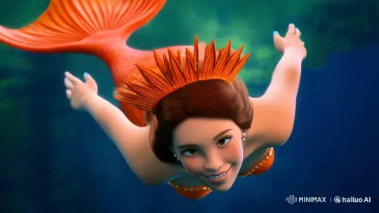 Mermaid in Orange Crown Swims Gracefully Underwater – AI Generated Video | Hailuo AI