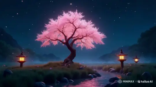 Nighttime Serenity: Swaying Cherry Blossoms in a Japanese Garden – AI Generated Video | Hailuo AI