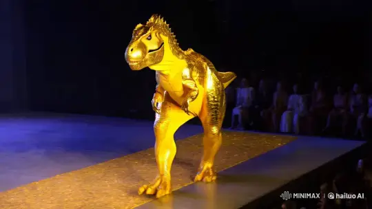 Prehistoric Fashion: Dinosaur Struts in Golden Elegance – AI Generated Video | Hailuo AI