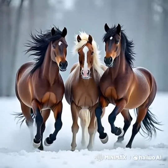 Wild Mustangs Gallop Through Snowy Pine Forest – AI Generated Video | Hailuo AI