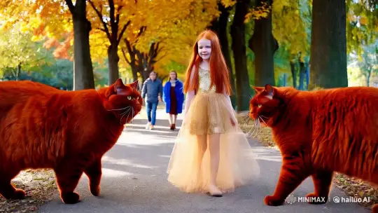 Autumn Park: Red-Haired Girl with Majestic Cats – AI Generated Video | Hailuo AI