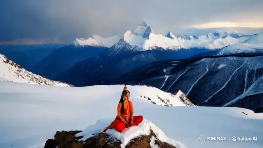 Tibetan Yogini Meditates in Serene Himalayan Snowscape – AI Generated Video | Hailuo AI