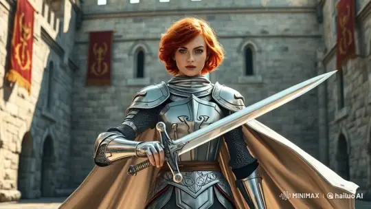 Armored Woman Prepares for Confrontation in Castle Courtyard – AI Generated Video | Hailuo AI
