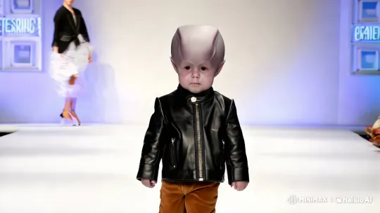 Extraterrestrial Model Struts in Leather Jacket on Runway – AI Generated Video | Hailuo AI