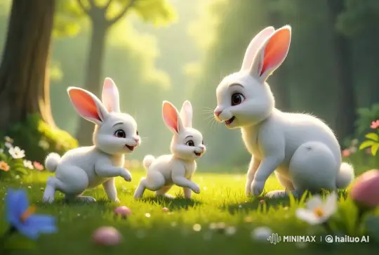 Mother Bunny Educates Her Babies in Sunny Forest Clearing – AI Generated Video | Hailuo AI