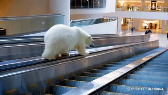 Polar Bear Ascends Modern Mall Escalator – AI Generated Video | Hailuo AI