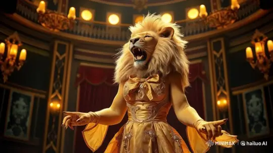 Regal Lion Performs Grandly in Opulent Theater Setting – AI Generated Video | Hailuo AI