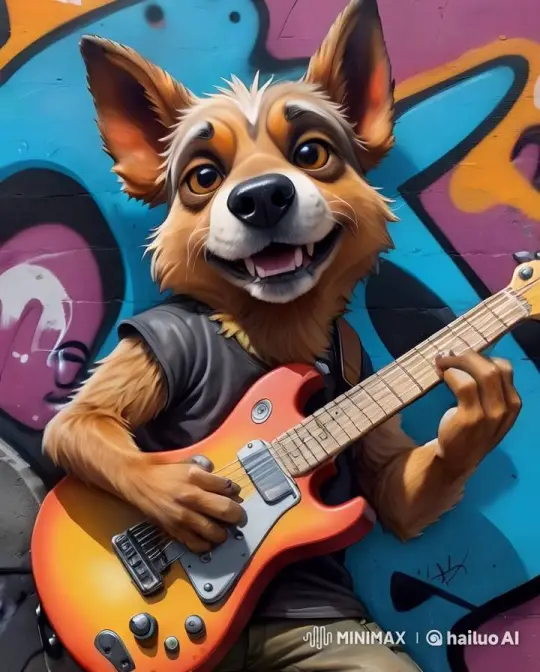 Anthropomorphic Dog Enthusiastically Plays Guitar – AI Generated Video | Hailuo AI