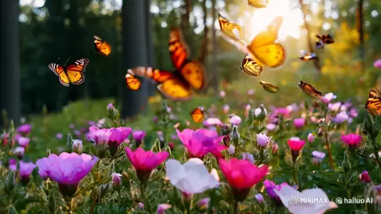 Serene Forest Morning: Butterflies Dance Among Flowers – AI Generated Video | Hailuo AI