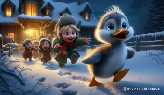 Children Chase Adorable Duck Through Winter Wonderland – AI Generated Video | Hailuo AI