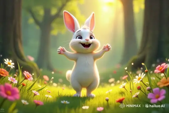 Animated Bunny Joyfully Dancing in a Sunlit Meadow – AI Generated Video | Hailuo AI