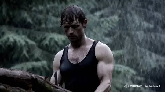 Contemplative Man Chops Wood in the Rain – AI Generated Video | Hailuo AI
