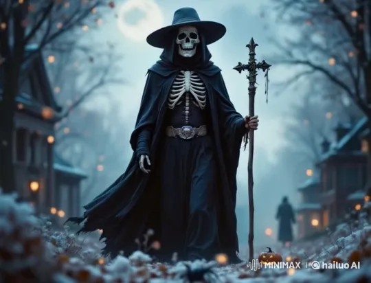 Skeletal Figure Walks Through Eerie Autumn Night – AI Generated Video | Hailuo AI