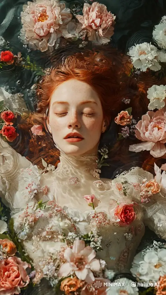 Serene Woman Awakens in Flowery Water – AI Generated Video | Hailuo AI