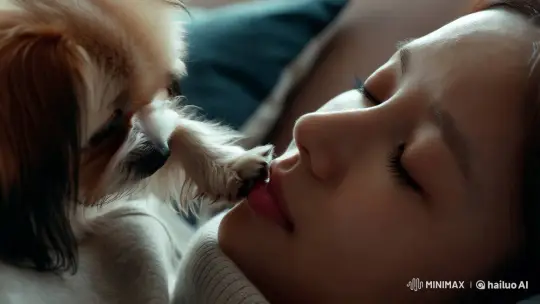 Cozy Bedroom: Dog Gently Touches Sleeping Owner – AI Generated Video | Hailuo AI