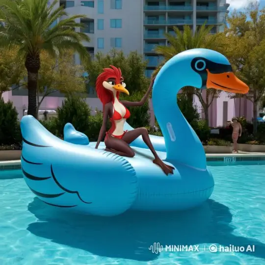 Inflatable Swan Float Deflates at Pool Party with Crane Lady – AI Generated Video | Hailuo AI