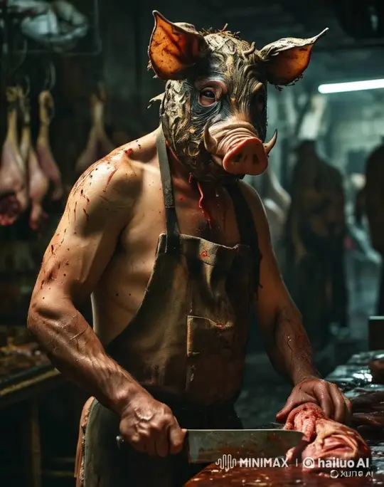 Eerie Pig-Masked Butcher at Work in Gory Shop – AI Generated Video | Hailuo AI