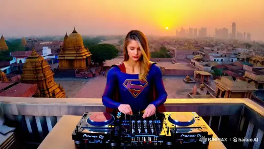 Supergirl DJing on Rooftop Amidst Indian Sunrise – AI Generated Video | Hailuo AI