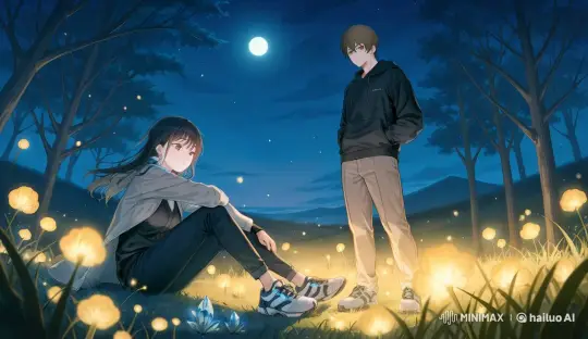 Moonlit Meadow with Motionless Figures and Fireflies – AI Generated Video | Hailuo AI