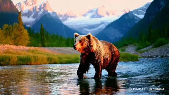 Bear's Tranquil Journey Through Majestic Mountain River Valley – AI Generated Video | Hailuo AI