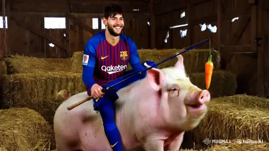 Messi in Pastoral Setting: Football Legend on Pig with Fishing Rod – AI Generated Video | Hailuo AI