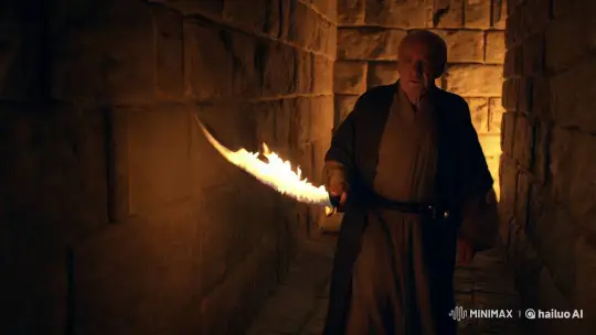 Ancient Passageway: Older Man with Flaming Sword – AI Generated Video | Hailuo AI