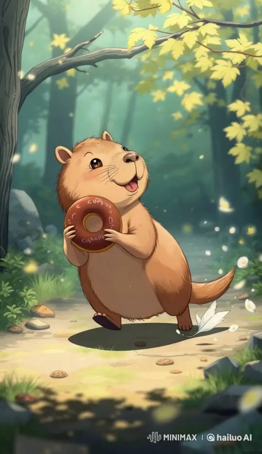 Chubby Vole Sprints Through Sunlit Forest with Donut – AI Generated Video | Hailuo AI
