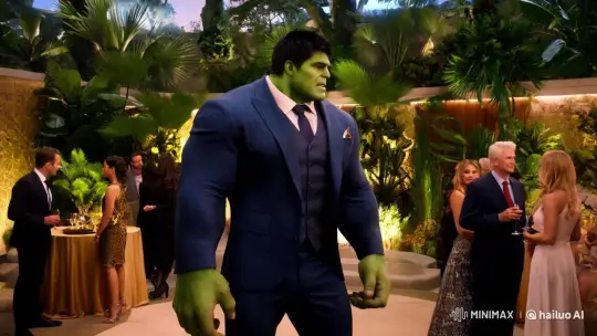 Hulk in Sophisticated Suit at Luxurious Outdoor Party – AI Generated Video | Hailuo AI