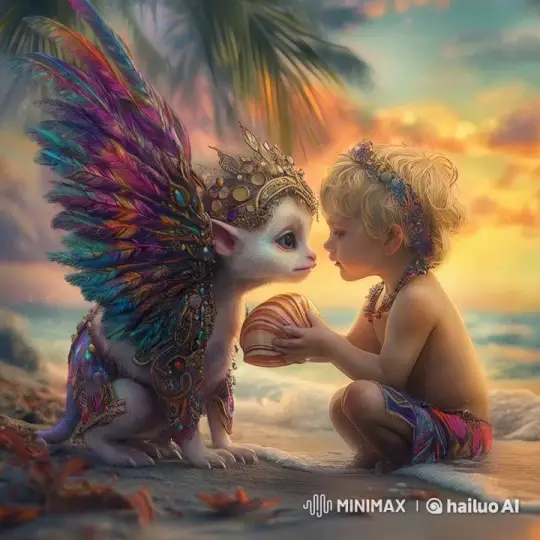 Child and Creature Exchange Gifts at Sunset Beach – AI Generated Video | Hailuo AI