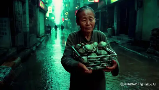 Elderly Woman in Mysterious Alley with Oysters – AI Generated Video | Hailuo AI