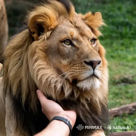 Gentle Petting of Majestic Lion by Hand with Wristwatch – AI Generated Video | Hailuo AI