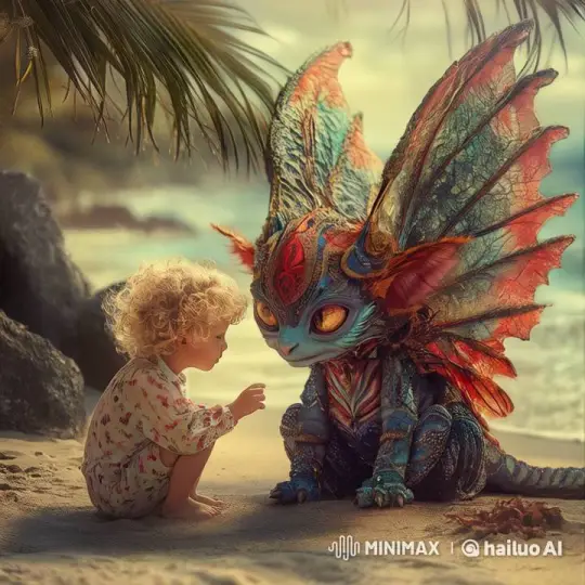 Child and Creature Connect at Enchanted Sunset Beach – AI Generated Video | Hailuo AI