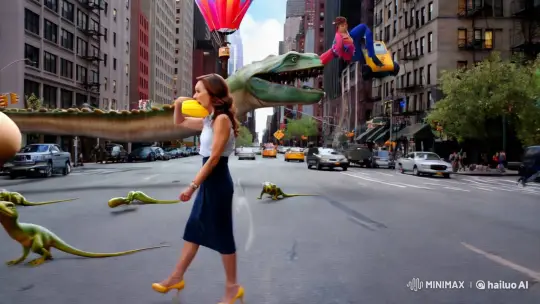 Surreal Manhattan Journey: Woman, Lizards, and Godzilla's Tea Party – AI Generated Video | Hailuo AI