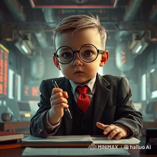 Child in Suit Writes with Confidence in Futuristic Control Room – AI Generated Video | Hailuo AI