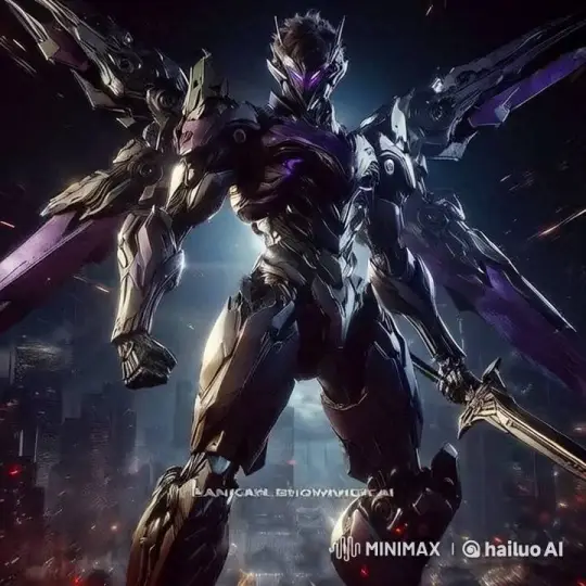 Futuristic Robot in Dark Urban Setting with Wings and Sword – AI Generated Video | Hailuo AI